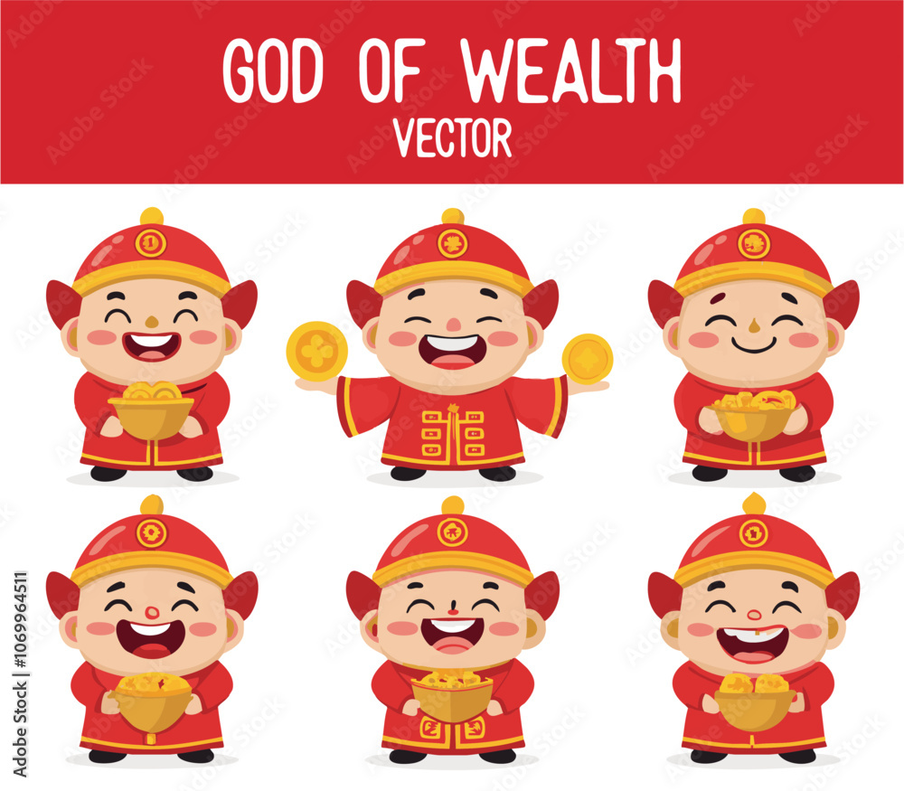 Cute God of Wealth Emoji Vector - Fortune Chinese Deity Kawaii Style for Lunar New Year Cute God of Wealth Emoji Vector - Fortune Chinese Deity Kawaii Style for Lunar New Year