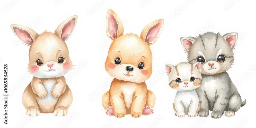Cute baby animals including bunnies, puppies, and kittens in a watercolor illustration set, puppies, watercolor Cute baby animals including bunnies, puppies, and kittens in a watercolor illustration set, puppies, watercolor
