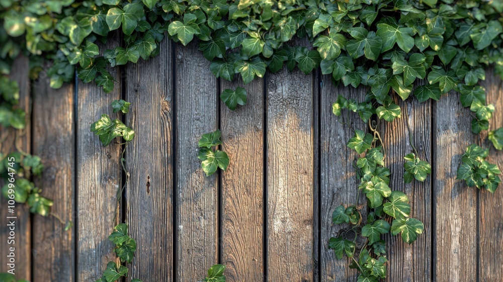 Green ivy cascading down a rustic wooden fence in a sunny outdoor setting Green ivy cascading down a rustic wooden fence in a sunny outdoor setting
