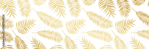 Golden tropical leaves banner, vector foliage pattern, leaf print background design