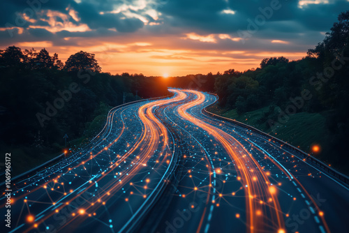 Logistic road with hologram data online network background.
