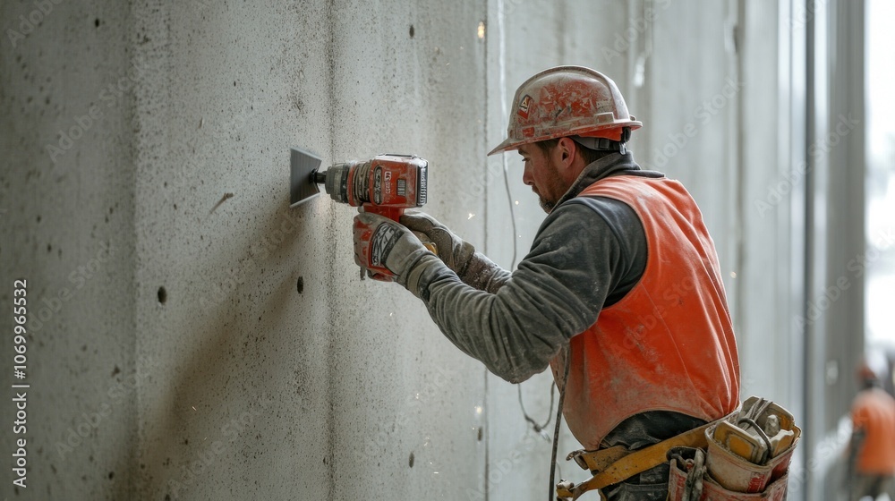 A construction worker drills into a concrete wall, focused on his task. A construction worker drills into a concrete wall, focused on his task.