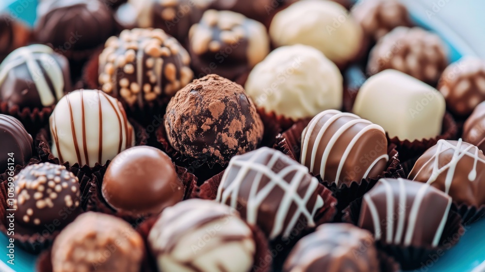 A variety of gourmet chocolate truffles, some dusted with cocoa powder, some with nuts, some with white chocolate drizzled on top. A variety of gourmet chocolate truffles, some dusted with cocoa powder, some with nuts, some with white chocolate drizzled on top.