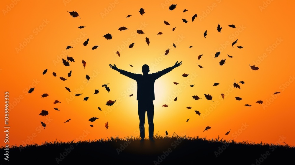 Person with Open Arms Against Sunset Background