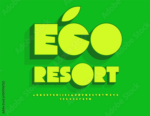 Vector green sign Eco Resort. Abstract style Font. Decorative Alphabet Letters and Numbers set. photo