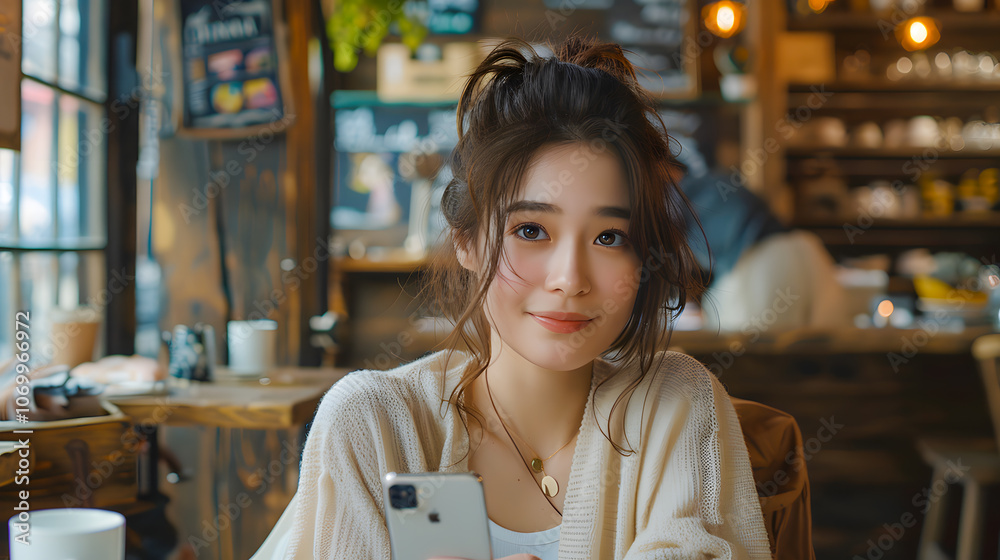 A cute young woman is calling on her mobile phone while sitting in cafe A cute young woman is calling on her mobile phone while sitting in cafe