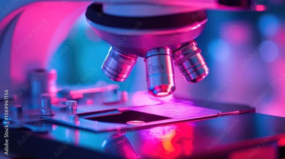 A close-up of a microscope with a slide on the stage, illuminated in pink and blue light. A close-up of a microscope with a slide on the stage, illuminated in pink and blue light.