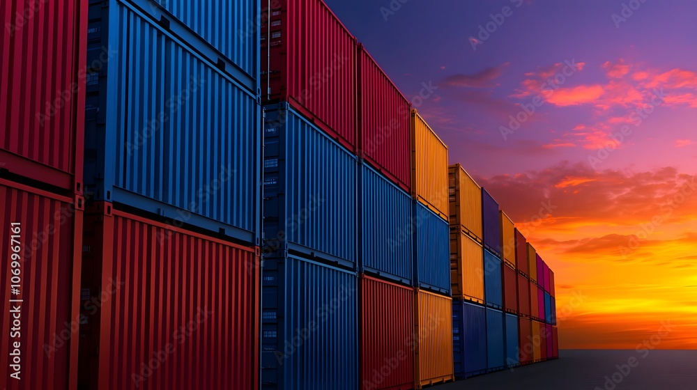Fototapeta premium Shipping Containers at Sunset. Image Illustration background for presentation and wallpaper Beautiful picture