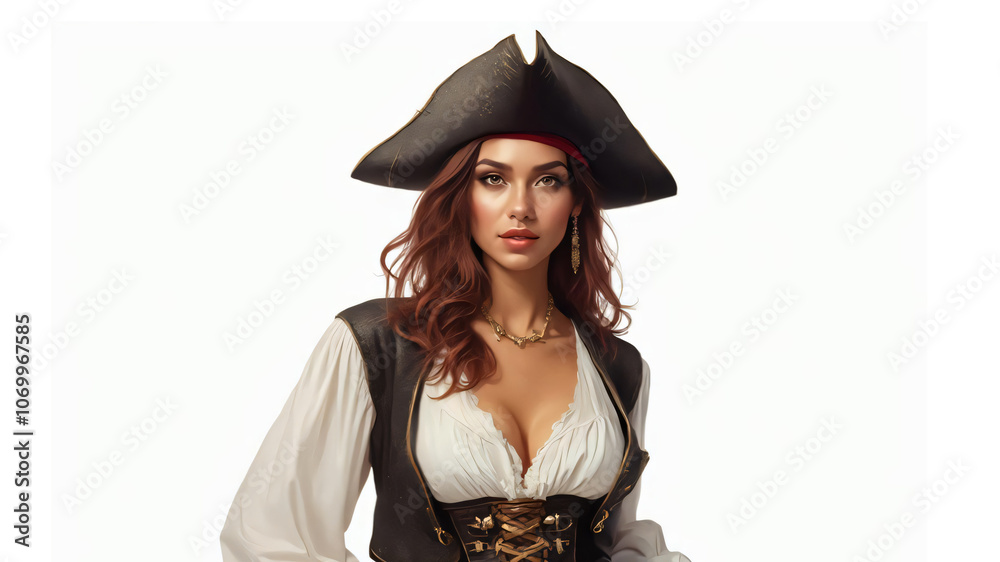 woman in a sexy pirate costume on a white background woman in a sexy pirate costume on a white background