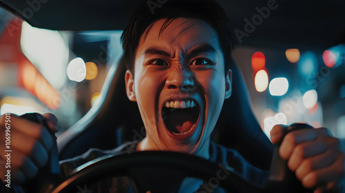 Asian male gamer playing an online car simulation game with a steering wheel controller, showing a victory expression during esports streaming   - photo