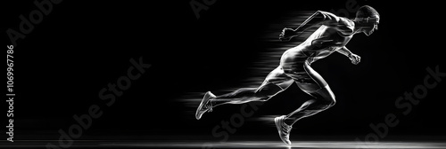 Dynamic silhouette of a runner in motion with streaking effects on a black background, symbolizing speed, power, and athletic excellence in a futuristic design