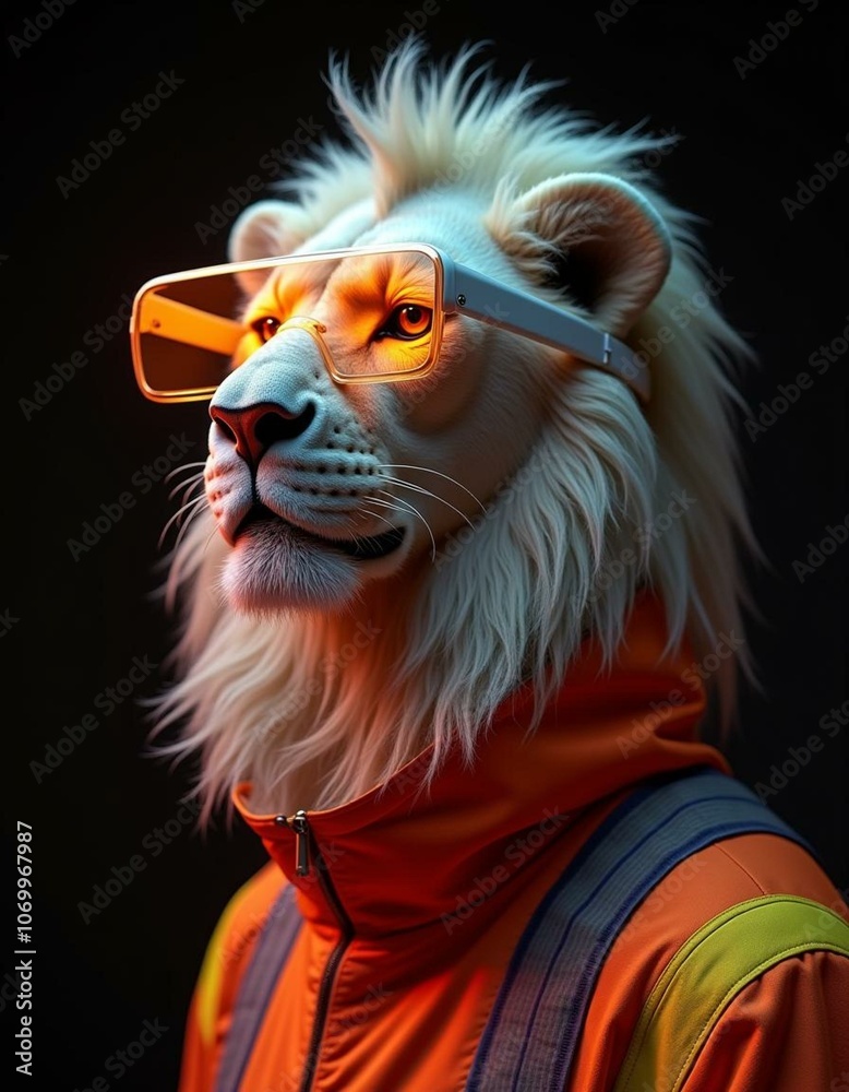 3d lion in cyberpunk style, colorful clothes 3d lion in cyberpunk style, colorful clothes