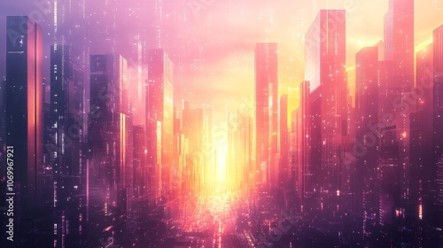 Futuristic Cityscape Sunrise Neon Glow Digital Art Cyberpunk City