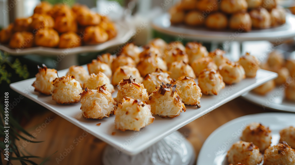 Coconut Macaroons Arranged on White Platter Coconut Macaroons Arranged on White Platter