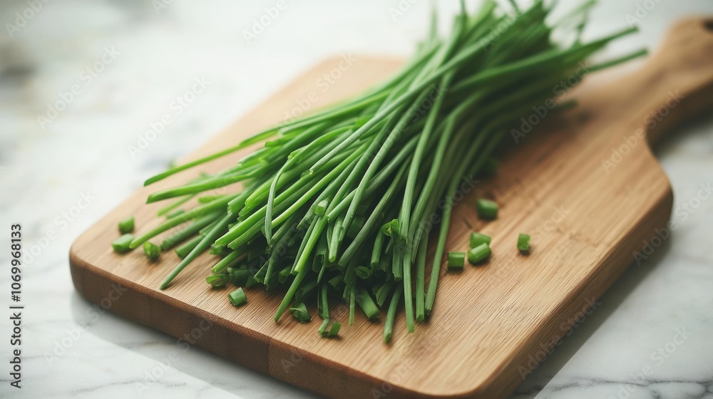 A fresh bunch of chives on a wooden cutting board, ready for culinary use. A fresh bunch of chives on a wooden cutting board, ready for culinary use.
