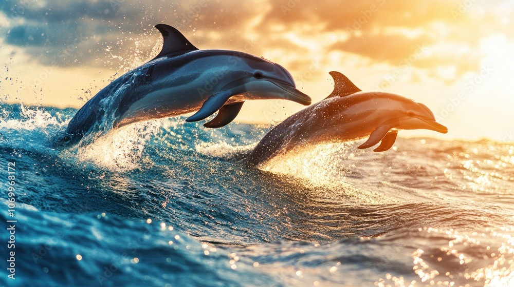 Fototapeta premium Two dolphins leap from the ocean waves at sunset.