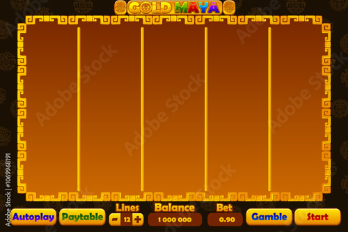 Casino slot machine game UI design, gambling mobile app concept for the Gold Maya themed Casino Game. The Golden game user interface with basic buttons