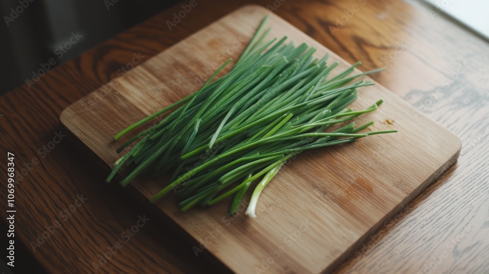Fresh green chives arranged on a wooden cutting board, ready for cooking or garnishing. Fresh green chives arranged on a wooden cutting board, ready for cooking or garnishing.