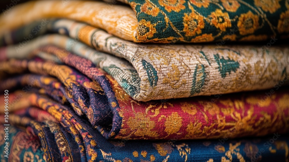 A close-up of a stack of folded fabric with different colorful patterns. A close-up of a stack of folded fabric with different colorful patterns.