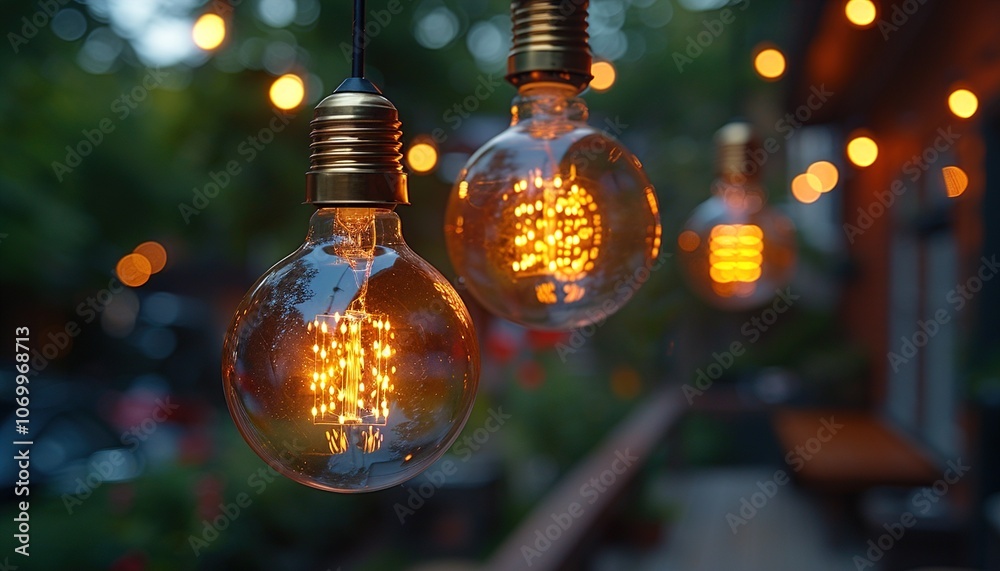 Closeup of hanging modern LED light bulbs with blurry bokeh background. Closeup of hanging modern LED light bulbs with blurry bokeh background.