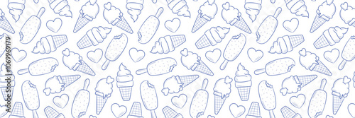 Ice cream line art vector banner, seamless repeating pattern design, summer background or cover design
