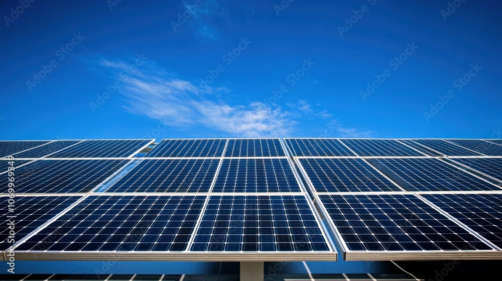 Solar panels with a bright blue sky in the background.