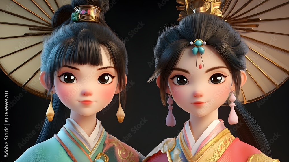 Fototapeta premium Two beautiful young women in traditional Chinese clothing with elaborate hairstyles and jewelry.