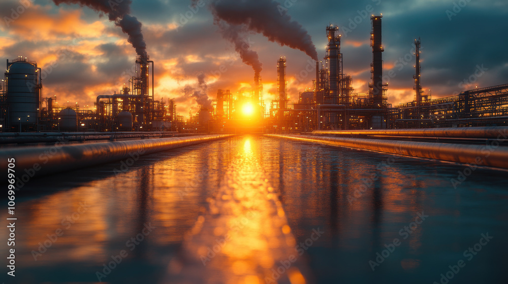 Fototapeta premium Industrial landscape at sunset with smokestacks and reflections