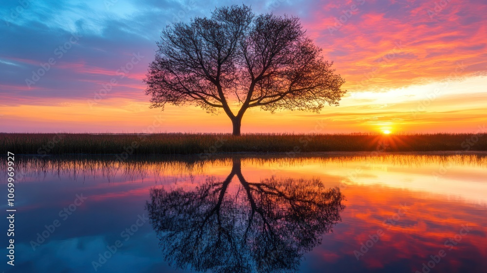 Obraz premium The powerful silhouette of trees reflected in the water is set against the backdrop of the colorful twilight sky.