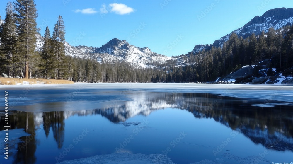 Clear frozen lake with snow-capped mountains and trees in the background Clear frozen lake with snow-capped mountains and trees in the background