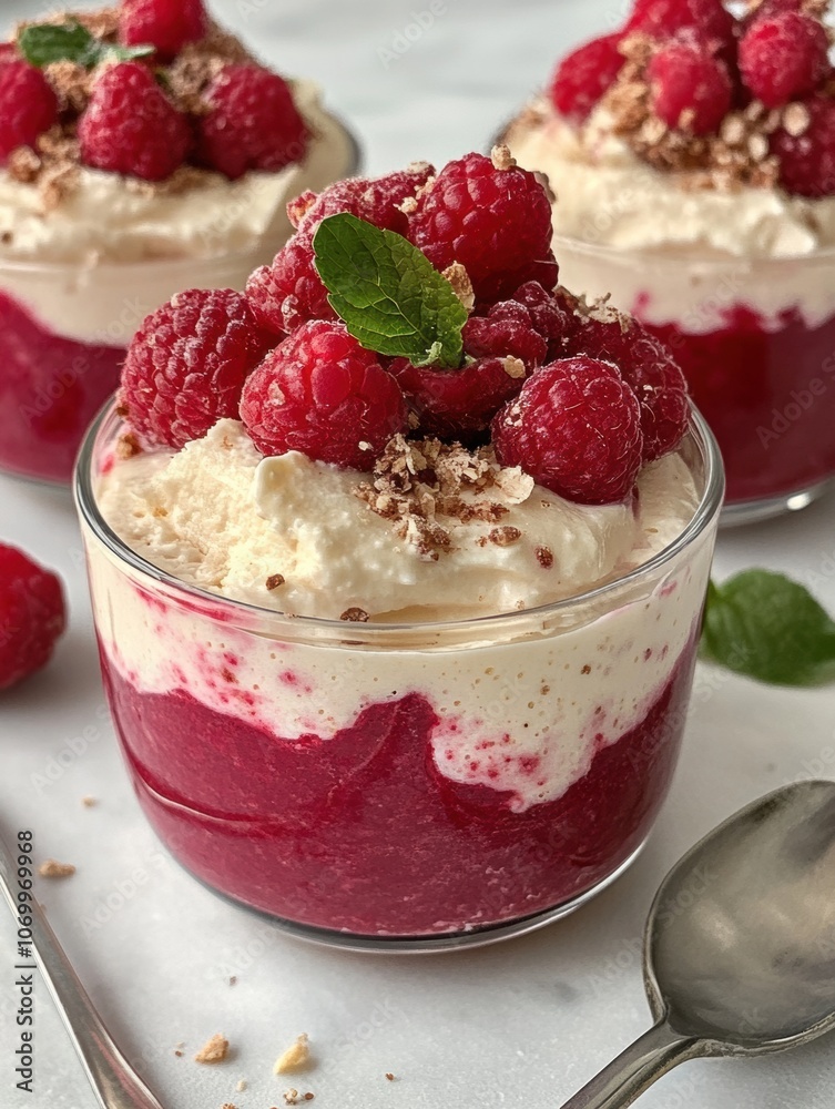 A trifle dessert with a raspberry topping is shown in a glass A trifle dessert with a raspberry topping is shown in a glass