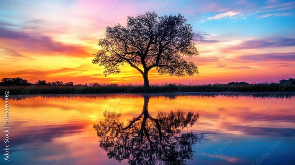 Obraz premium The powerful silhouette of trees reflected in the water is set against the backdrop of the colorful twilight sky.