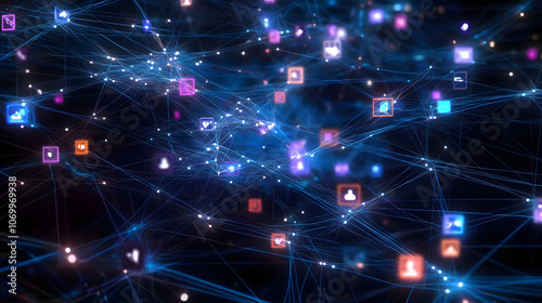 Digital network representing social connections with multiple user profiles linked by lines and nodes, illustrating online community interactions.