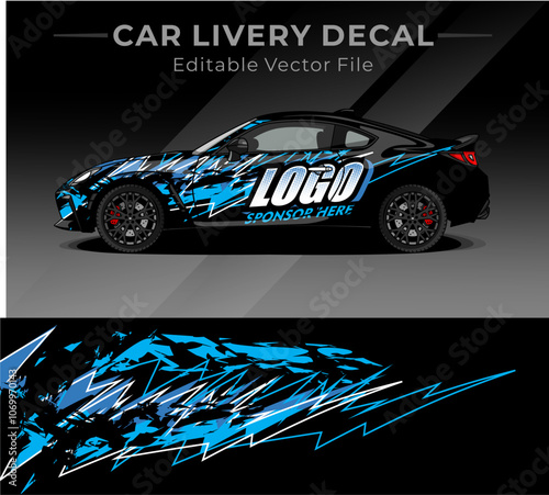 Car wrap decal designs full vector with black, blue lightning colour. Abstract racing and sport background for car livery or daily use car vinyl sticker