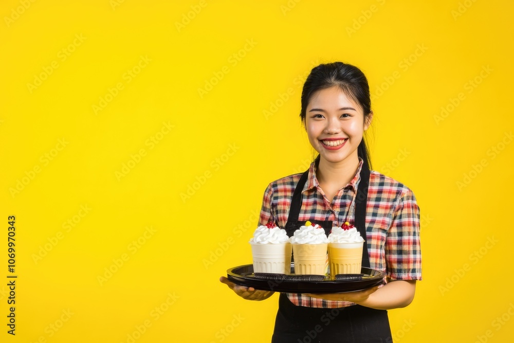 Minimalist Portrait of Smiling Waitress with Dessert Tray on Bright Yellow Background for Restaurant Design Minimalist Portrait of Smiling Waitress with Dessert Tray on Bright Yellow Background for Restaurant Design