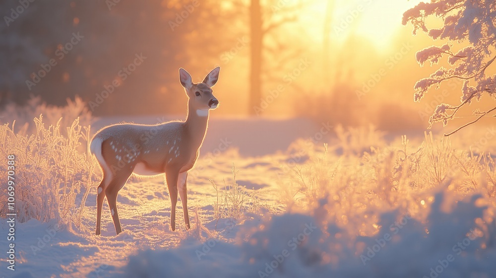 Deer in a snowy field surrounded by frost-covered trees in early morning light Deer in a snowy field surrounded by frost-covered trees in early morning light