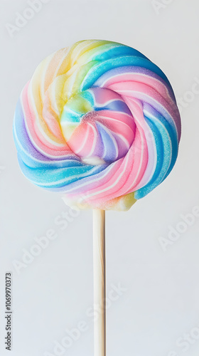  A cotton candy lollipop set against a white backdrop.