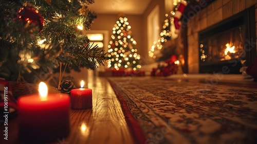 Cozy Christmas Living Room with Candles and Fireplace. Image Illustration background for presentation and wallpaper Beautiful picture