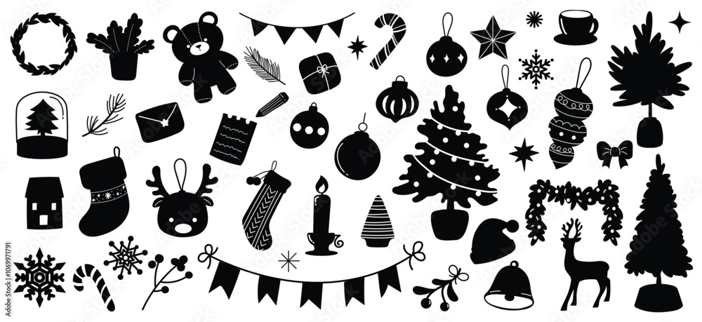 Set of Christmas silhouette outline vector elements. Christmas tree, reindeer, ornaments, winter, snowflake on white background. Set of Christmas silhouette outline vector elements. Christmas tree, reindeer, ornaments, winter, snowflake on white background.