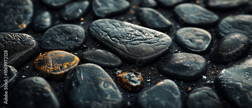 Smooth, Wet Stones Glistening Under a Golden Light.