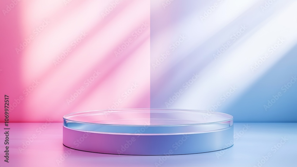 Abstract Glass Podium with Pink and Blue Background Abstract Glass Podium with Pink and Blue Background