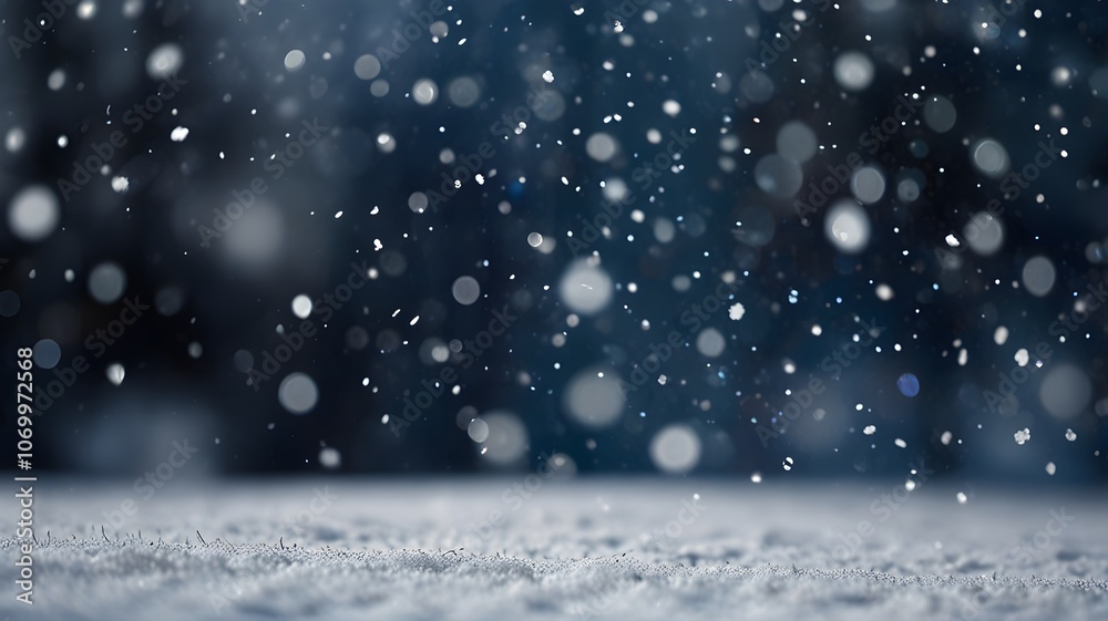 Snowfall in a winter landscape with blurred background and bokeh effects.