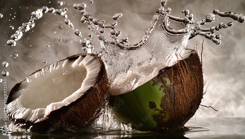 Coconut water splashing out of a fresh green coconut isolated on transparent Coconut water splashing out of a fresh green coconut isolated on transparent