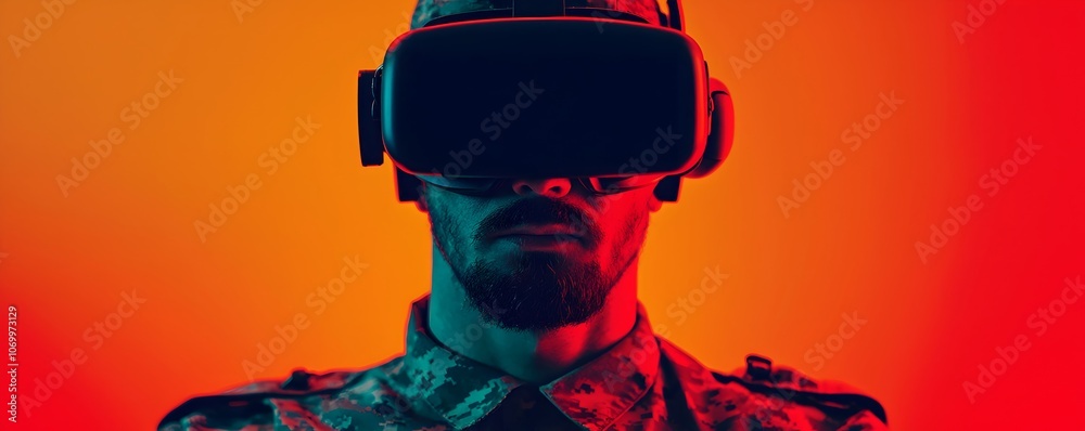Soldier with Virtual Reality Headset in Neon Colors Soldier with Virtual Reality Headset in Neon Colors