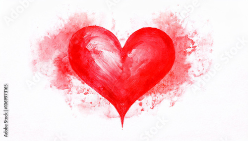 Red grunge heart shape. White isolated background. valentines day, wedding, holiday, love and romance element, watercolor illustration.