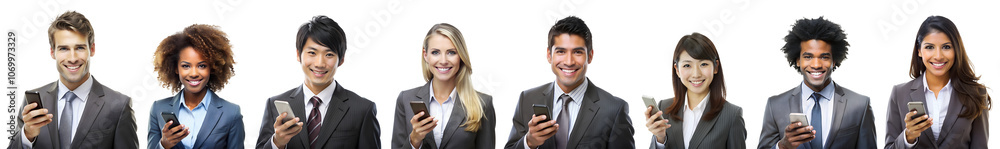 Set, Cut out Portrait of young business people of different races holding phone and smiling. White isolated transparent studio background. PNG. Set, Cut out Portrait of young business people of different races holding phone and smiling. White isolated transparent studio background. PNG.