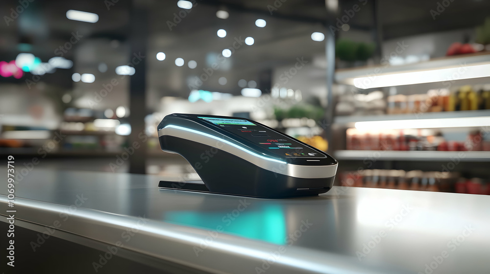 Obraz premium Futuristic hand-held payment device scanning in a sleek, modern retail setting, showcasing everyday tech -