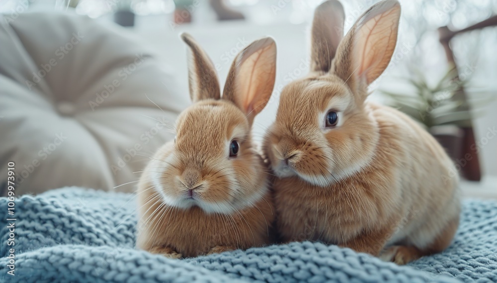 Obraz premium Two cute rabbits are sitting on blue knitted plaid 
