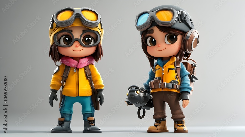 Two cute cartoon girls dressed in winter explorer outfits. Two cute cartoon girls dressed in winter explorer outfits.