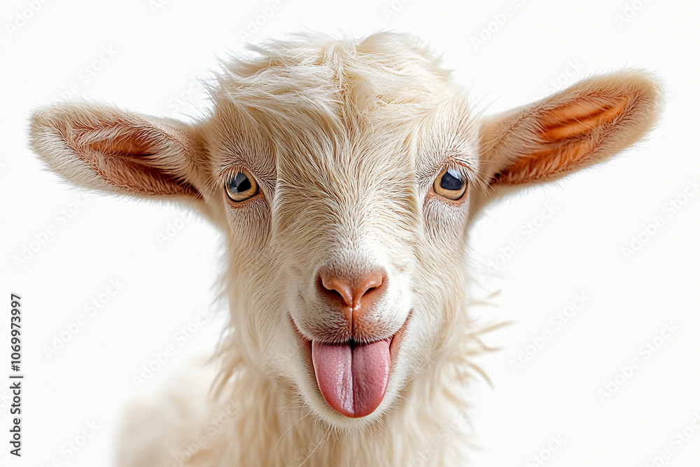 Goat Isolated on White Background: Portrait of a Cute Goat Showing Tongue, Lamb Goat Isolated on White Background: Portrait of a Cute Goat Showing Tongue, Lamb